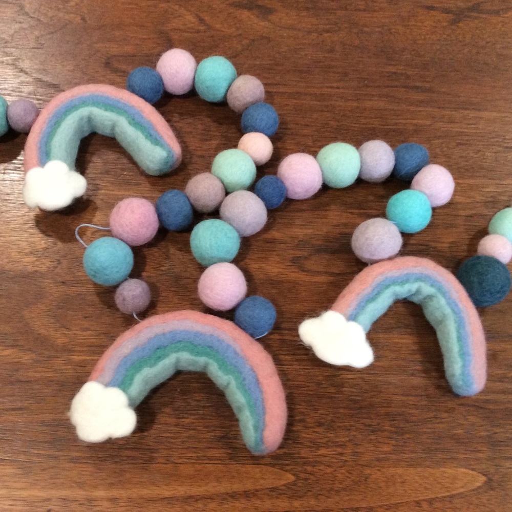 Felted wool ball garland bunting rainbow 5-8 ft pastel pinks blues nursery baby
